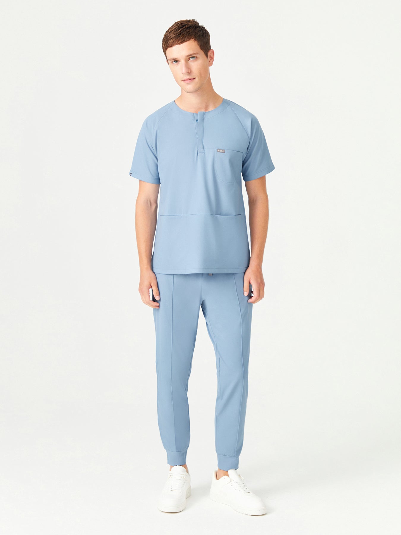 Cosa x Studio Brandia® 01 Men’s Crew Neck Buttoned Scrub Top – Cosmic Blue