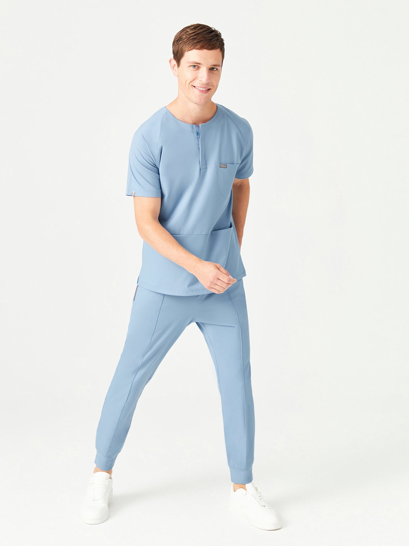 Cosa x Studio Brandia® 01 Men’s Crew Neck Buttoned Scrub Top – Cosmic Blue