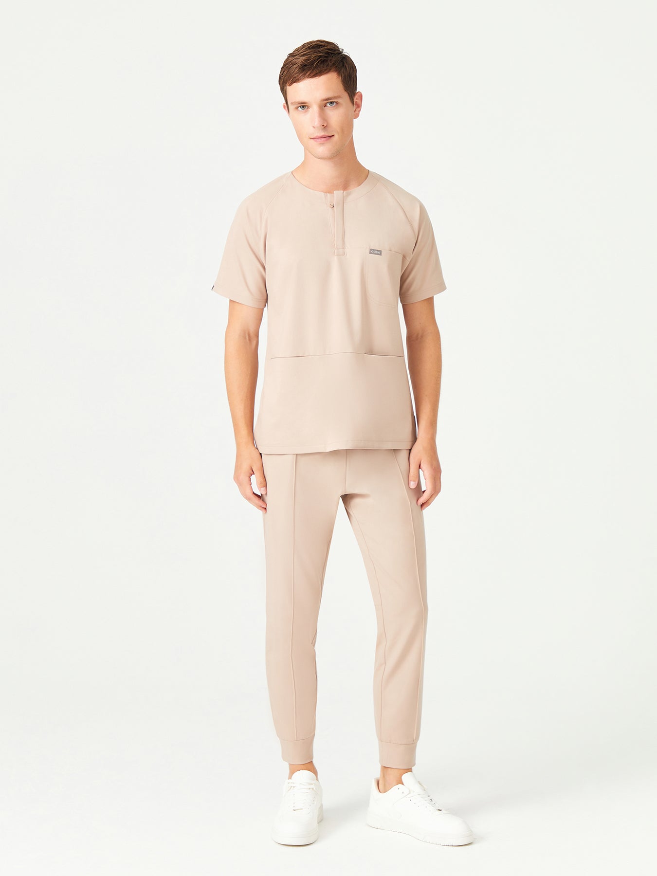 Cosa x Studio Brandia® 01 Men’s Crew Neck Buttoned Scrub Top – Beige