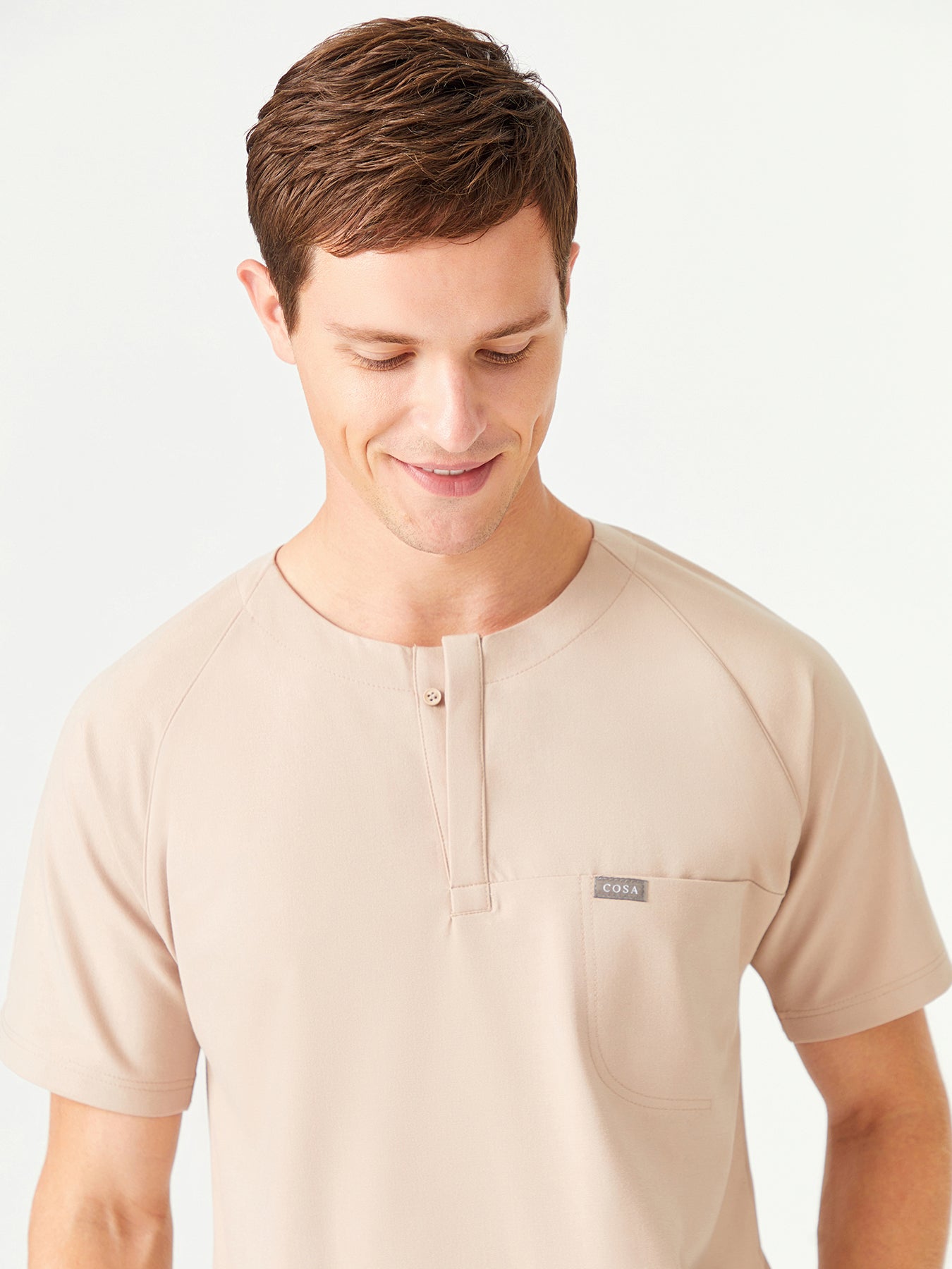 Cosa x Studio Brandia® 01 Men’s Crew Neck Buttoned Scrub Top – Beige