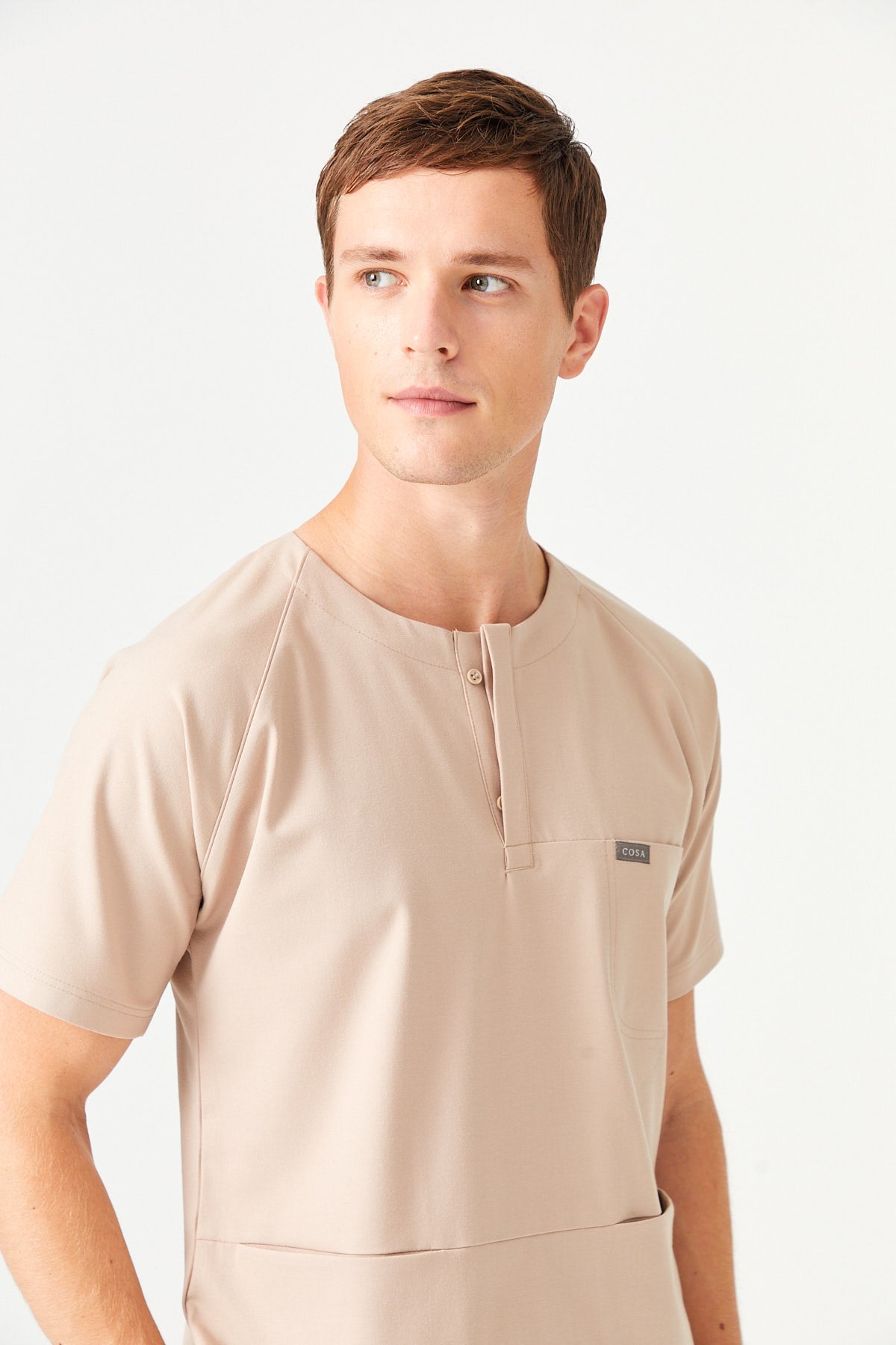 Cosa x Studio Brandia® 01 Men’s Crew Neck Buttoned Scrub Top – Beige
