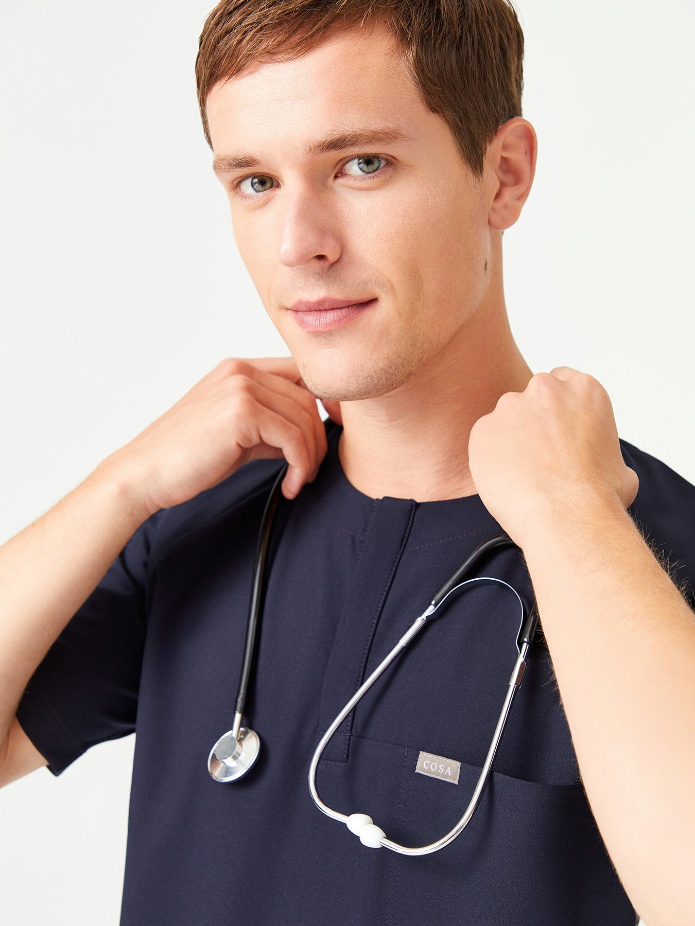 Cosa x Studio Brandia® 01 Men’s Crew Neck Buttoned Scrub Top – Navy Blue