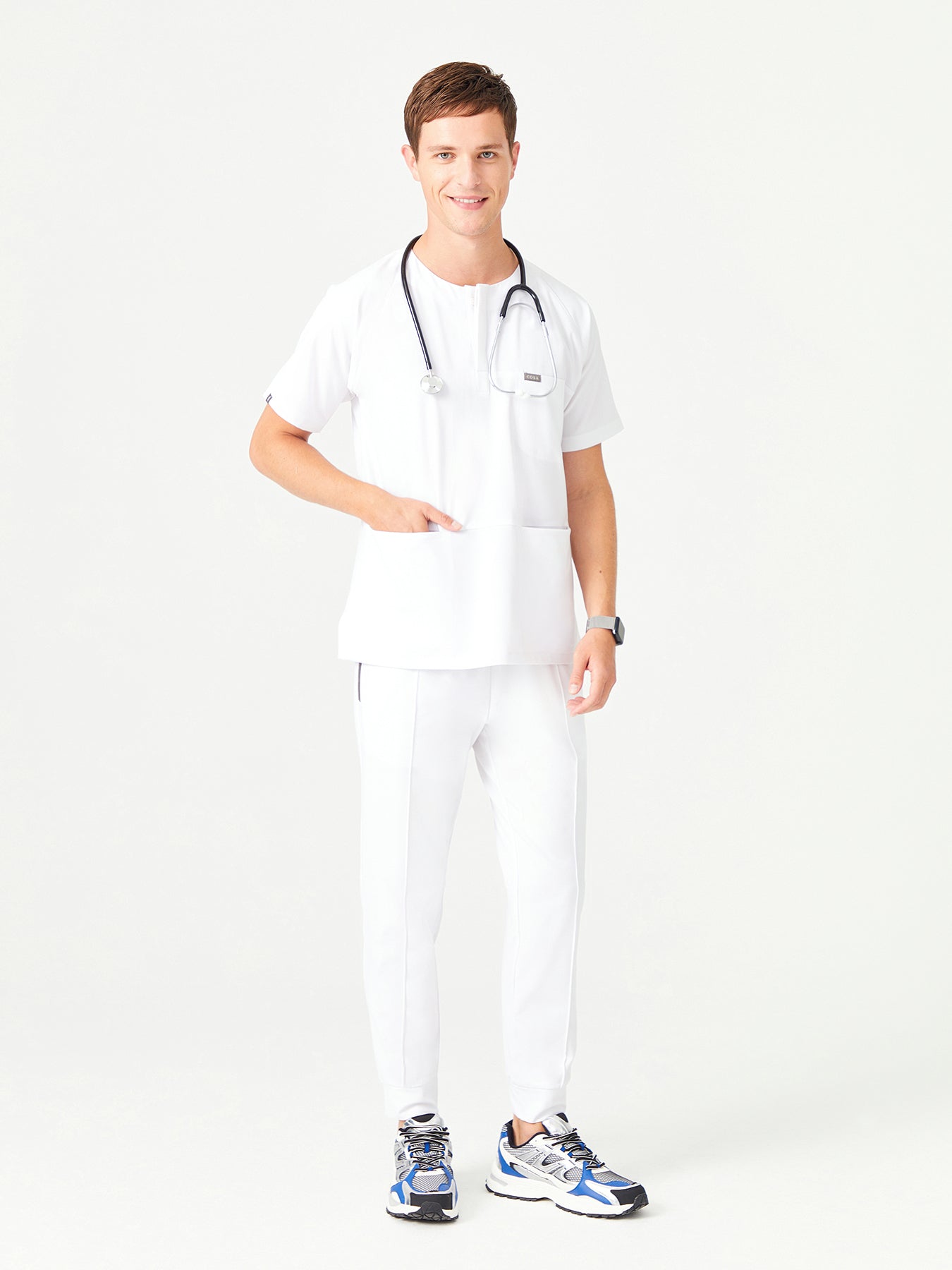 Cosa x Studio Brandia® 01 Men’s Crew Neck Buttoned Scrub Top – White
