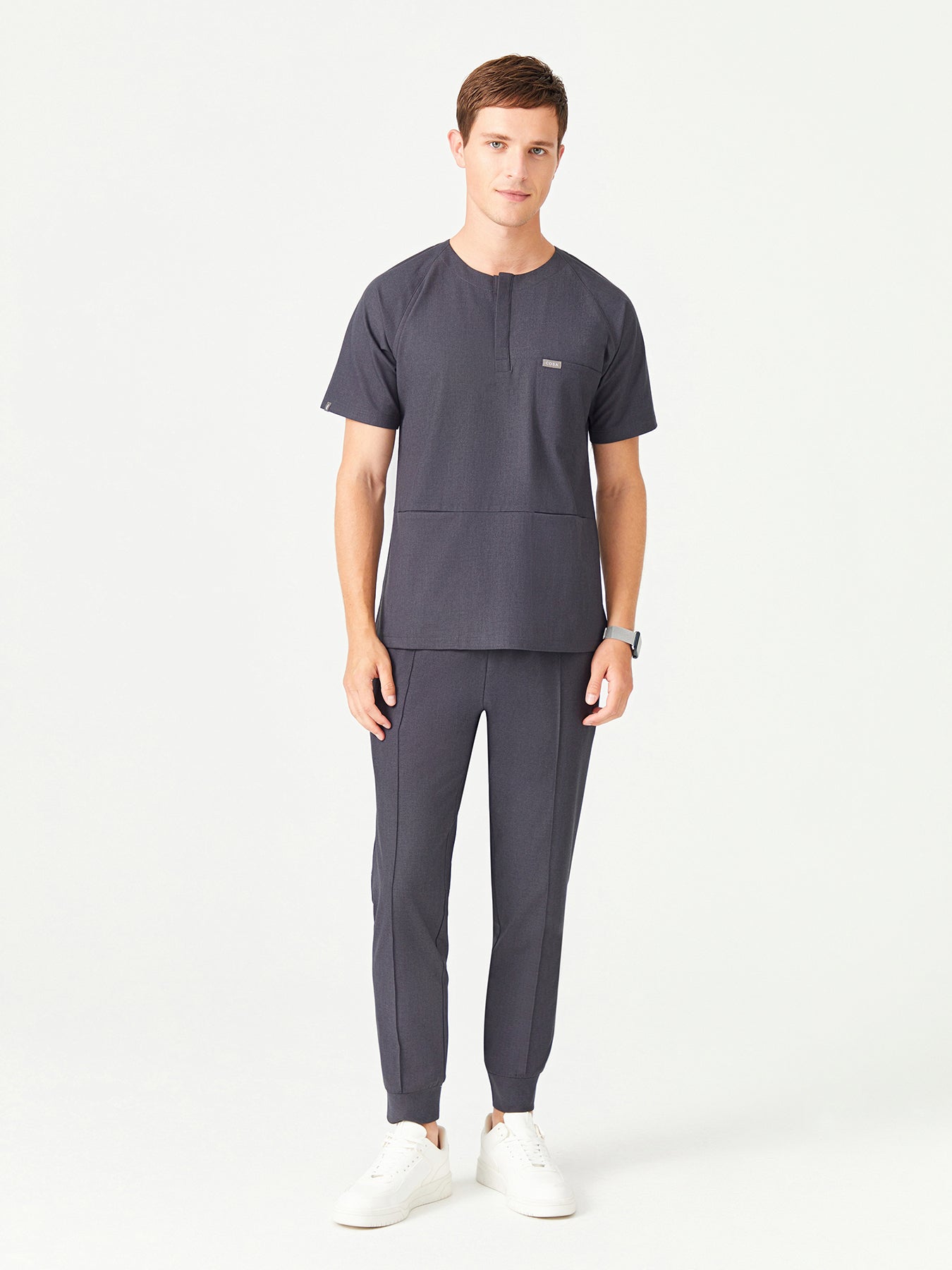 Cosa x Studio Brandia® 01 Men’s Crew Neck Buttoned Scrub Top – Anthracite