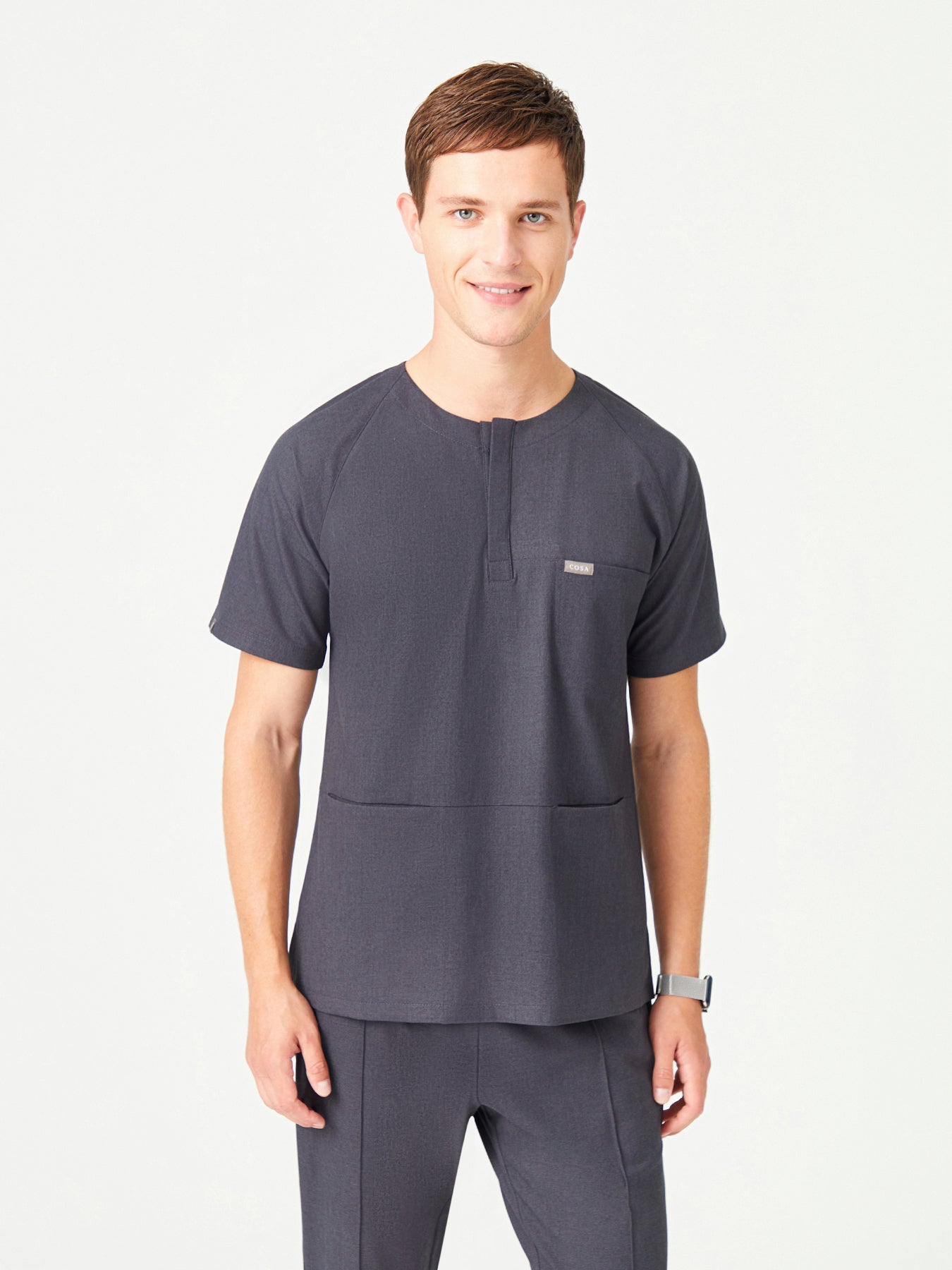 Cosa x Studio Brandia® 01 Men’s Crew Neck Buttoned Scrub Top – Anthracite