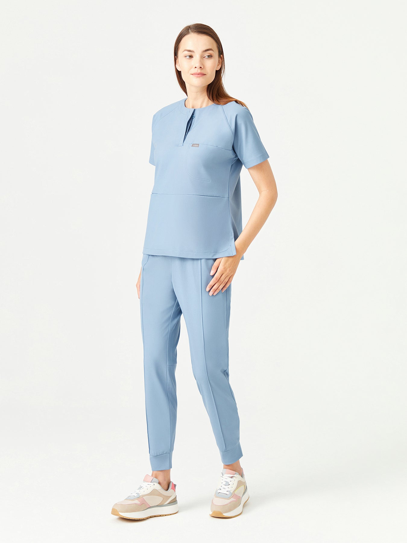 01 Women Round Collar Scrub Top - Cosmic Blue
