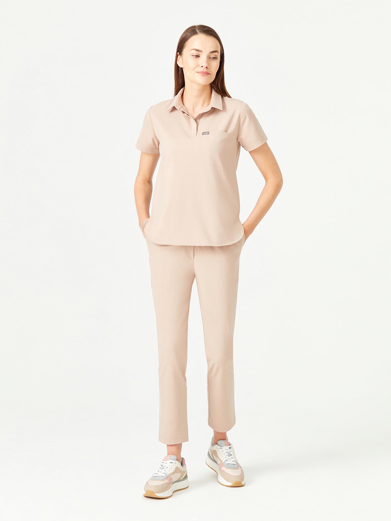 03 Women Shirt Collar Scrub Top - Beige