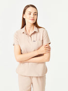 03 Women Shirt Collar Scrub Top - Beige