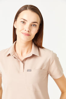 03 Women Shirt Collar Scrub Top - Beige